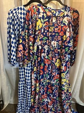 Navy check / Floral Tiered Maxi Dress w/ Puff ballon sleeves colorful BOHO fairy